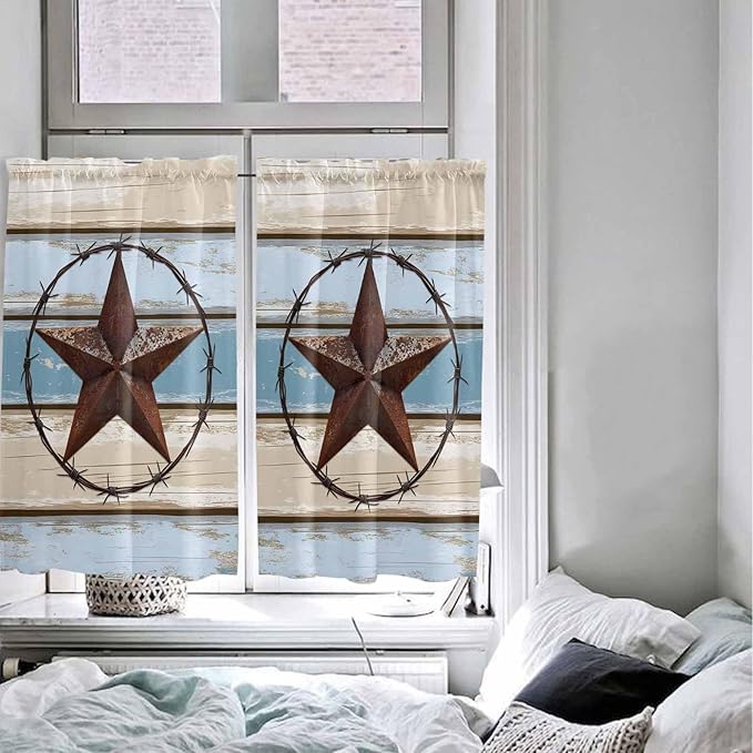 Vintage Western Star on Wood Grain Window Valance Curtains, Retro Wooden Texture Light Filtering Kitchen Valance with 3-inch Rod Pocket for Living Room Bathroom Bedroom,2 Panel,52x54In
