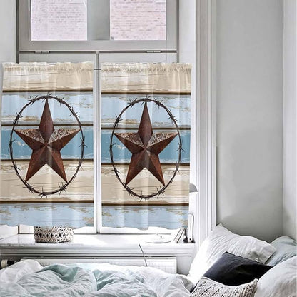 Vintage Western Star on Wood Grain Window Valance Curtains, Retro Wooden Texture Light Filtering Kitchen Valance with 3-inch Rod Pocket for Living Room Bathroom Bedroom,2 Panel,52x54In