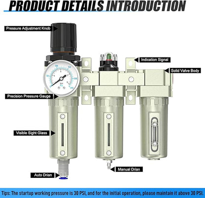 1/2" NPT Heavy Duty Industrial Grade 3 Stage Air Drying System, Auto Drain, Coalescing Filter, Particulate Filter, Desiccant Dryer and Air Regulator For Plasma Cutter and Paint Spray