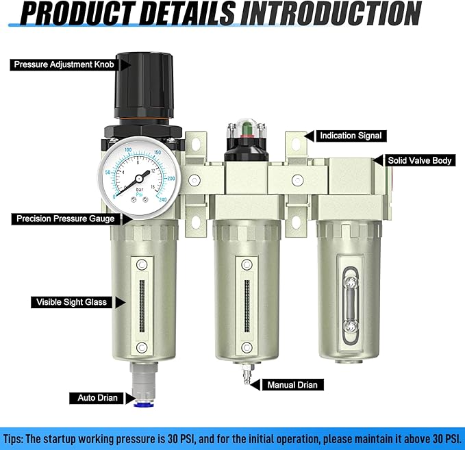 3/4" NPT Heavy Duty Industrial Grade 3 Stage Air Drying System, Auto Drain, Coalescing Filter, Particulate Filter, Desiccant Dryer and Air Regulator For Plasma Cutter and Paint Spray