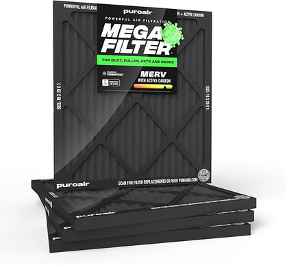 PuroAir MegaFilter - 18x20x1 Air Filter MERV 13 Activated CarbonTech Defense - Heavy Duty 3 Layer Furnace Filters Allergens, Pollen, Dust, Pet Dander, Smoke, Odors - HVAC Air Filter 18x20x1 (4-Pack)