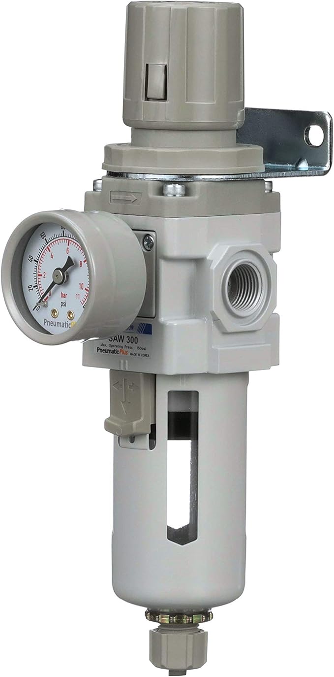 PneumaticPlus SAW300-N03BG Compressed Air Filter Regulator Piggyback Combo 3/8" NPT - Poly Bowl, Manual Drain, Bracket, Gauge