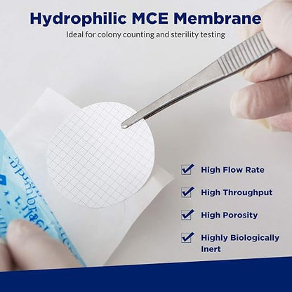 Membrane Solutions MCE Gridded Membrane Filter, Mixed Cellulose Esters Membrane Filter, Sterile Individual Pack Membrane Disc Filter, Diameter: 47 mm, Pore Size: 0.45 um, (800 Pack)