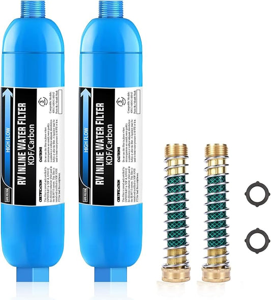 Lifefilter RV Inline Water Filter, NSF Certified, Reduces Chlorine, Bad Taste, Odor, Dedicated for RVs and Marines, 2 Pack Drinking Filter with 2 Flexible Hose Protector