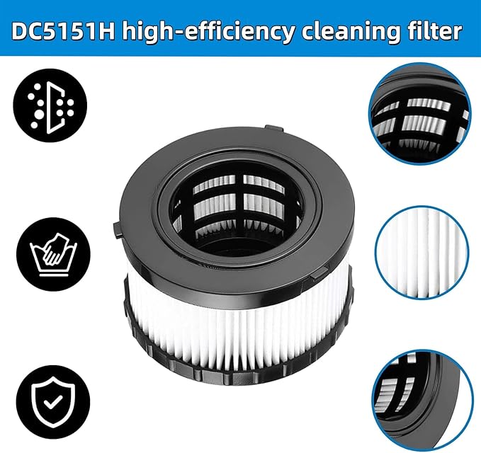 (2pieces) DC5151H HEPA filter replacement accessory, compatible with DEWALT dry wet vacuum DCV517B DC515 DCV517, equipped with 1 reusable cleaning brush