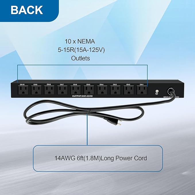 10 NEMA 5-15R Outlet Surge Protector PDU, 120V 15A 3600J 10KA, 1U Rack Mount Power Strip for Network Server Racks, AV Equipment, & More - 14AWG 6ft Cord