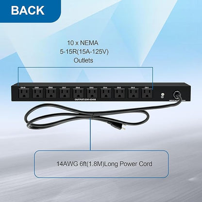 10 NEMA 5-15R Outlet Surge Protector PDU, 120V 15A 3600J 10KA, 1U Rack Mount Power Strip for Network Server Racks, AV Equipment, & More - 14AWG 6ft Cord