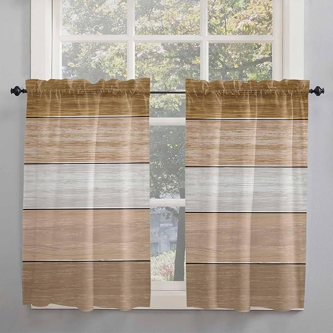 Retro Farm Wood Board Window Valance Curtains, Brown Graduality Striped Light Filtering Kitchen Valance with 3-inch Rod Pocket for Living Room Bathroom Bedroom,2 Panel,42x45In