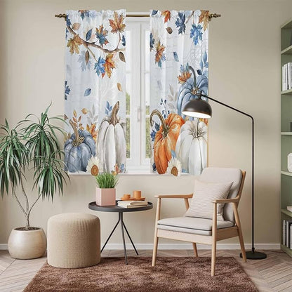 Fall Blue Maple Window Curtains 63 Inch Long 2 Panel Set, Rod Pocket Bedroom Curtains & Drapes, Thanksgiving Pumpkins Daisy Country Leaves Light Filtering Window Treatment for Living Room 42"W x 63"L