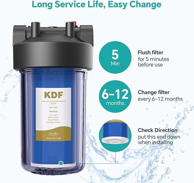 SimPure Whole House Water Filter Cartridges 10" x 4.5" GAC/KDF Carbon and Heavy Metal Filter, for DB10C-2KDF, DB10P, WGB21B-KS, FG15B-KS, GE FXHTC, GXWH40L, 4 Pack