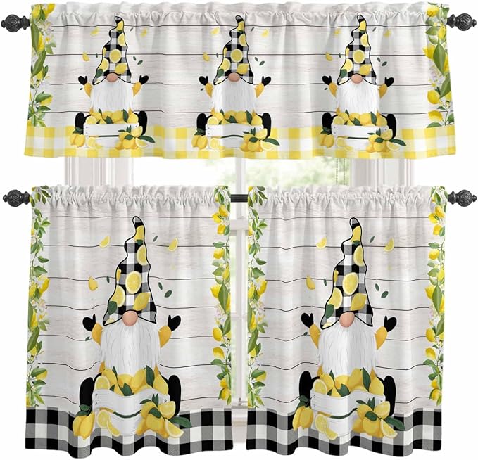 Lemon Gnomes Kitchen Curtains Set 3 Piece for Windows, Rod Pocket Valance and Tier Set 24 Inch Length, Summer Botanical Fruit Wooden Grain Plaid Light Filtering Cafe Curtains for Living Room Bathroom