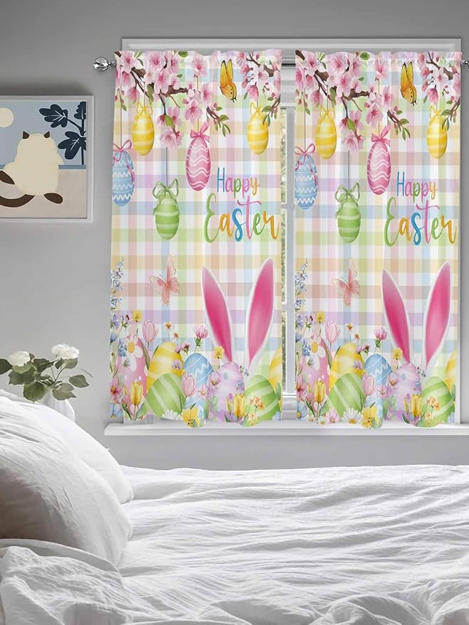 Happy Easter Bedroom Curtains 63 Inches length, Spring Bunny Colorful Eggs Flower Plaid Window Treatment Curtain Drapes, Rod Pocket Curtain Panels for Living Room Kitchen, 42"x63", 2 Panels