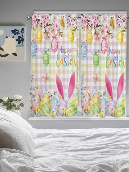 Happy Easter Living Room Curtains 72 Inches length, Spring Bunny Colorful Eggs Flower Plaid Window Treatment Curtain Drapes, Light Filtering Drapes for Bedroom Laundry Room, 52"x72", 2 Panels