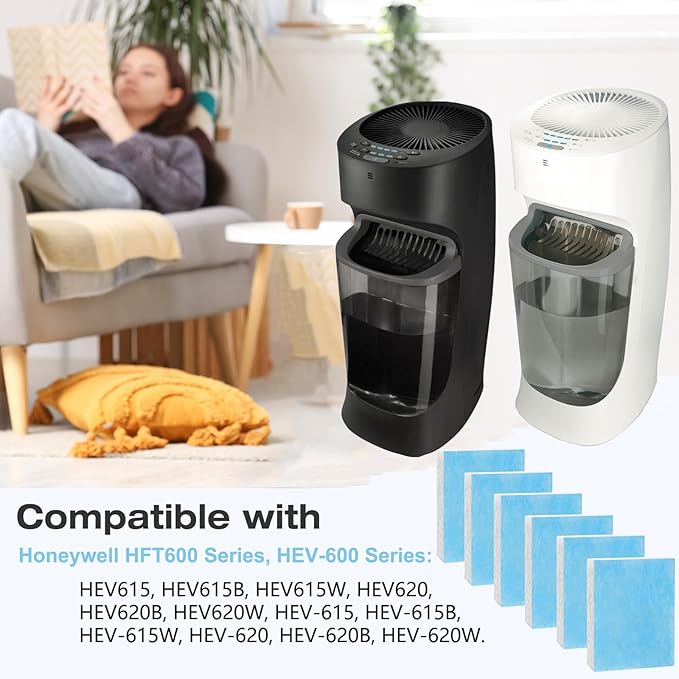 6 Pack Blue HFT600 Humidifier Wick Filter, for Honeywell Top Fill Tower Humidifier HEV615 HEV620 Series, Compared to Part HFT600T HFT600PDQ Wicking Filter, Replacement Filter T