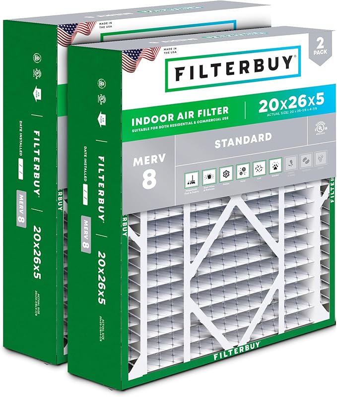 Filterbuy 20x26x5 Air Filter MERV 8 Essential Dust & Allergy Defense (2-Pack), Pleated HVAC AC Furnace Filters for Electro-Air, Lennox, White Rodgers, and More (Actual Size: 20.00 x 25.88 x 4.88)