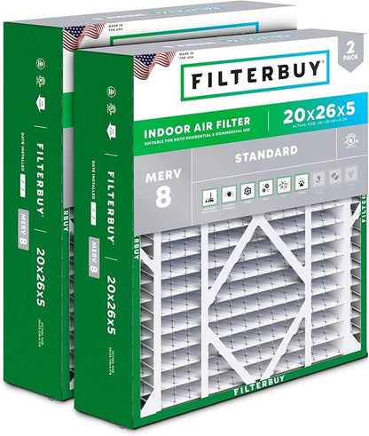 Filterbuy 20x26x5 Air Filter MERV 8 Essential Dust & Allergy Defense (2-Pack), Pleated HVAC AC Furnace Filters for Electro-Air, Lennox, White Rodgers, and More (Actual Size: 20.00 x 25.88 x 4.88)