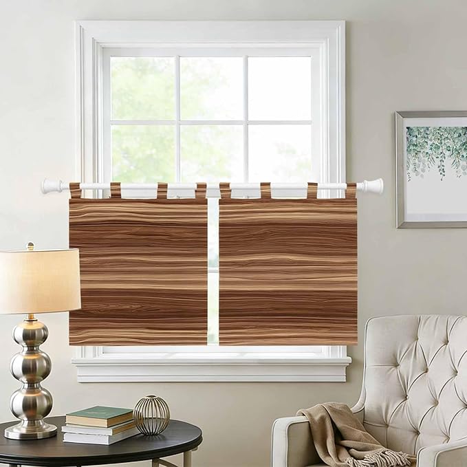 Brown Western Kitchen Curtains 36 Inch Length, Small Window Curtains Tab Top, Vintage Farmhouse Wood Barn Door Light Filtering Short Window Treatments Tier Drapes 27.5"x36" 2 Panel