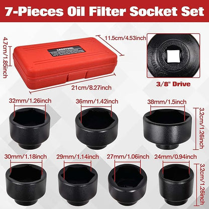 7-Piece Oil Filter Socket Set, 3/8" Drive Low Profile Oil Filter Cap Wrench Socket Set | 24mm, 27mm, 29mm, 30mm, 32mm, 36mm, 38mm | Aluminum Alloy, 6-Point Design, Storage Case Included