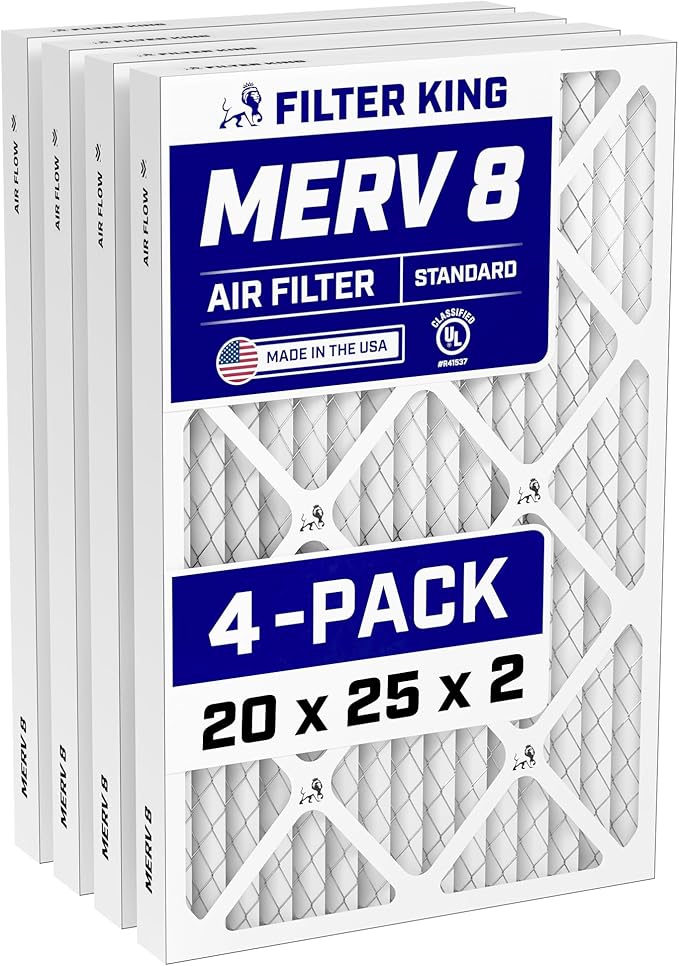 Filter King 20x25x2 Air Filter | 4-PACK | MERV 8 HVAC Pleated A/C Furnace Filters | MADE IN USA | Actual Size: 19.5 x 24.5 x 1.75"