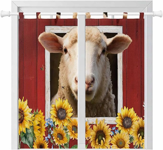 Sheep Sunflower Bathroom Curtains 63 Inch Length, Window Curtains Tab Top, Country Red Farm Barn Spring Flowers Light Filtering Window Treatments Drapes 52"x63" 2 Panel