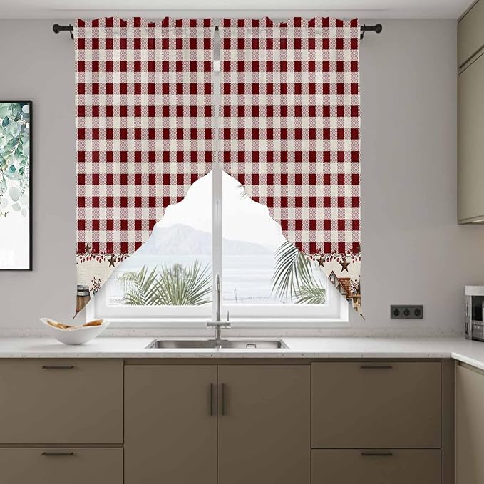 Swag Curtain Valances for Kitchen Windows,Farm Barn Western Star on Vintage Short Rod Pocket Window Valance,Red Buffalo Plaid Swag Topper for Bedroom Living Room,2 Panels 36x45in