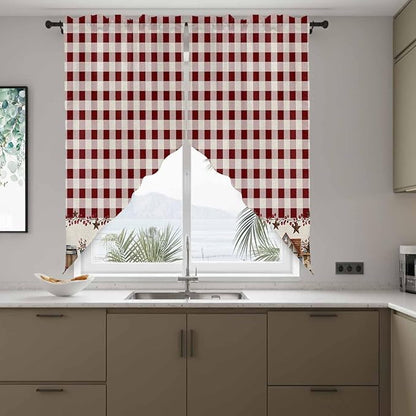 Swag Curtain Valances for Kitchen Windows,Farm Barn Western Star on Vintage Short Rod Pocket Window Valance,Red Buffalo Plaid Swag Topper for Bedroom Living Room,2 Panels 36x63in