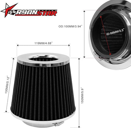 RYANSTAR 89mm 3.5" High Flow Round Tapered Cone Cool Air Filter Cleaner with Top Filter Design Short 150mm tall Black