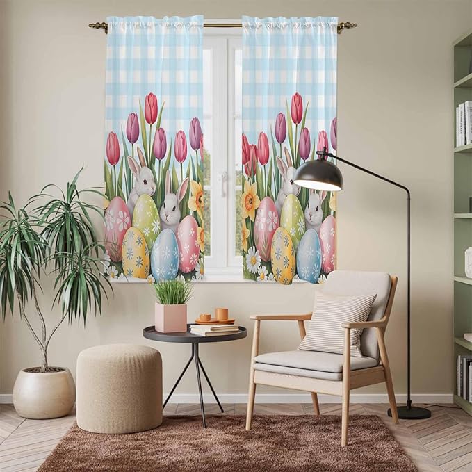 Easter Window Curtains 63 Inch Long 2 Panel Set, Rod Pocket Bedroom Curtains & Drapes, Spring Bunny Colorful Eggs Tulip Flowers Blue Check Light Filtering Window Treatment for Living Room 42"W x 63"L