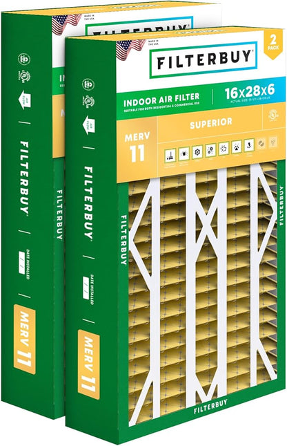 Filterbuy 16x28x6 Air Filter MERV 11 Superior Pet & Allergy Defense (2-Pack), Pleated HVAC AC Furnace Filters for AprilAire Space-Gard 401, 2400, & Lennox (Actual Size: 15.50 x 26.88 x 6.00)