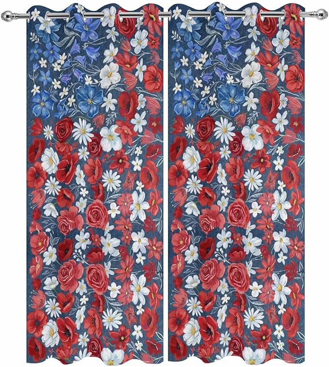 4th of July Outdoor Curtains for Patio Patriotic Flowers Farmhouse Red Waterproof Outside Curtains with Grommet Top Weatherproof Curtain for Cabana Pergola Gazebo, 2 Pack, 54" W x 108" L