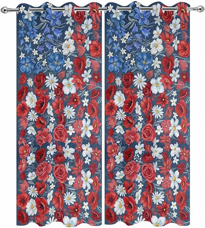 4th of July Outdoor Curtains for Patio Patriotic Flowers Farmhouse Red Waterproof Outside Curtains with Grommet Top Weatherproof Curtain for Cabana Pergola Gazebo, 2 Pack, 54" W x 108" L
