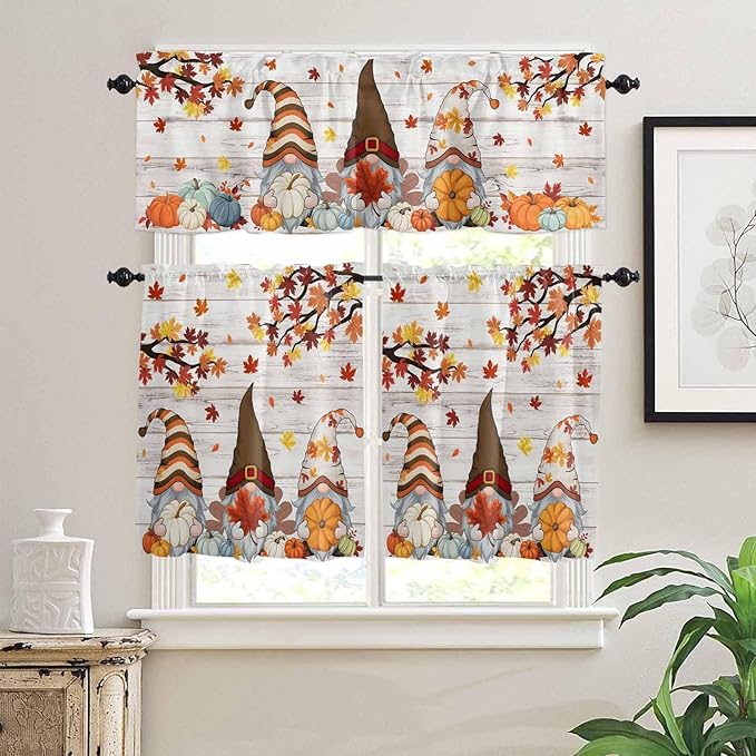 Fall Gnomes Kitchen Curtain Set, Thanksgiving Maple Leaf Grey Wood Grain Window Valance and Tiers 24" Length, Light Filtering Short Curtains Valance for Cafe Bathroom Bedroom 54"x18"