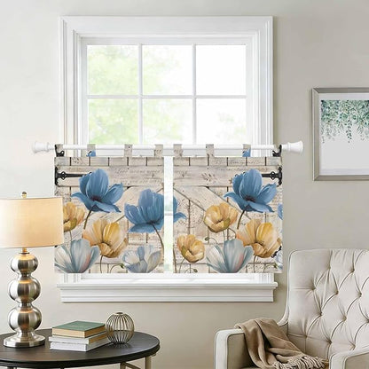 Blue Yellow Tulips Kitchen Curtains 36 Inch Length, Small Window Curtains Tab Top, Retro Farmhouse Flower Barn Doors Wooden Light Filtering Short Window Treatments Tier Drapes 27.5"x36" 2 Panel