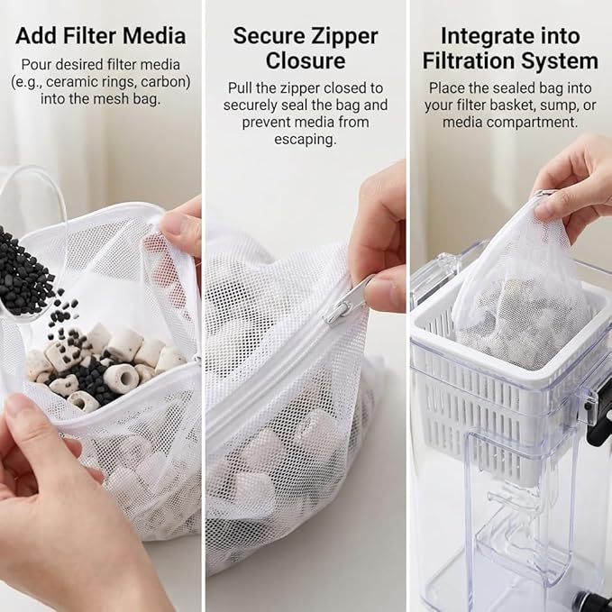 10PCS Aquarium Filter Media Bags with Drawstring Zipper, Reusable Fine Mesh Bags for Activated Carbon, Bio Balls, Ceramic Rings, Substrate, Fish Tank Filter Accessories