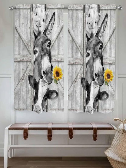 Grey Farmhouse Living Room Curtains 72 Inches Length, Vintage Sunflowers Animals Printed Window Treatment Curtain Drapes, Light Filtering Drapes for Bedroom Laundry Room, 52"x72", 2 Panels