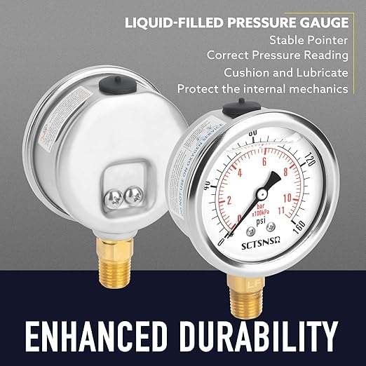 2-1/2" Dial Size, 0-160 Psi Lead-Free Pressure Gauge, Glycerin Liquid Filled, 1/4" NPT Lower Mount, Stainless Steel Case, for Regulator, Potable Water Pump, RV Hose, Well, Air, Pressure Test