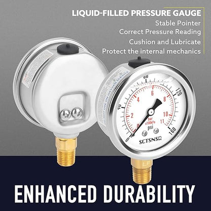 2-1/2" Dial Size, 0-160 Psi Lead-Free Pressure Gauge, Glycerin Liquid Filled, 1/4" NPT Lower Mount, Stainless Steel Case, for Regulator, Potable Water Pump, RV Hose, Well, Air, Pressure Test