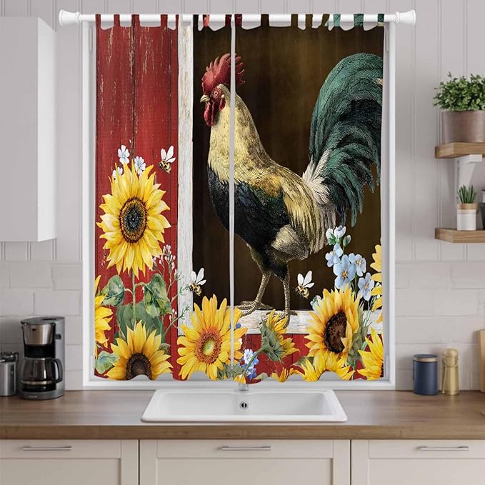 Chicken Sunflowers Living Room Curtains 96 Inch Length, Window Curtains Tab Top, Farmhouse Animals Red Barn Bees Light Filtering Window Treatments Drapes 52"x96" 2 Panel