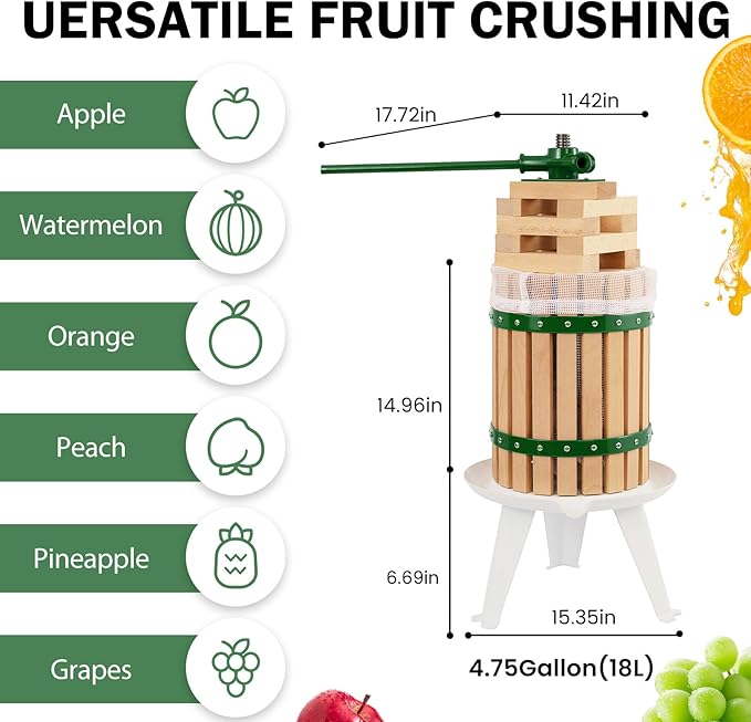 CAELUM Fruit Wine Press, 4.75 Gallon Wood Fruit and Cider Press Squeezer With T-Handle, Juice Maker, Wine Making Press Squeezer for Outdoor, Kitchen（Green）