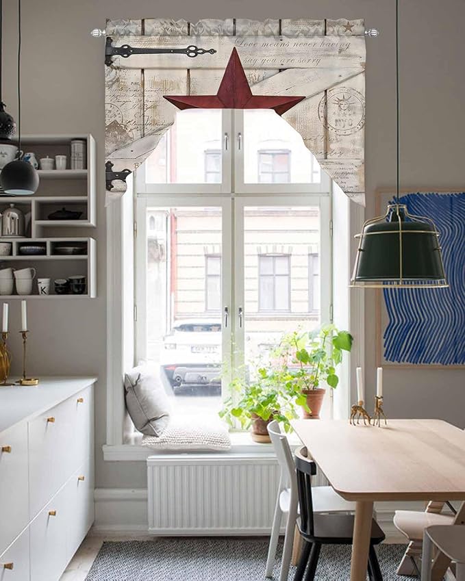 Village Stars Swag Kitchen Curtains Valance and Tier Set, Vintage Dark Red Star Beige Barn Doors Light-Filtering Swag Valance, Rod Pocket Short Curtain for Bedroom Cafe, 56x36 inches