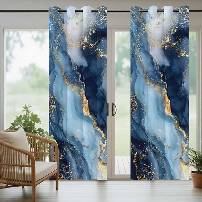 Marble Texture Outdoor Curtains for Patio Abstract Gradient Blue Golden Gorgeous Waterproof Outside Curtains with Grommet Top Weatherproof Curtain for Cabana Pergola Gazebo, 2 Pack, 54" W x 95" L
