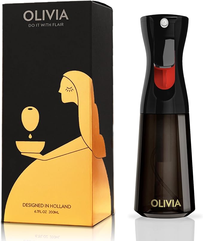 FLAIROSOL OLIVIA SIGNATURE Advanced Kitchen Oil Sprayer Technology, Continuous Fine Mist with Portion Control, Reusable Glass Olive Oil Spray Bottle, Anti-Drip & Leakproof, Black 200ml