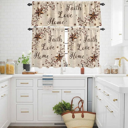 Kitchen Curtains Tiers and Valance Set of 3, Brown Farmhouse Light Filtering Window Curtain Set, Retro Country Stars Rustic Branches Berry Rod Pocket Curtain Drapes for Living Room, 24 Inches Tiers
