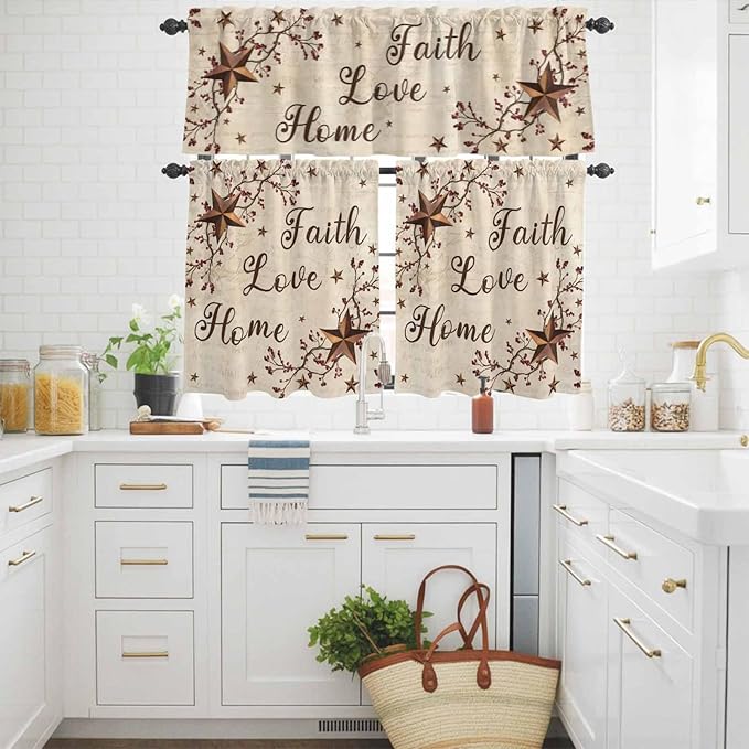 Kitchen Curtains Tiers and Valance Set of 3, Brown Farmhouse Light Filtering Window Curtain Set, Retro Country Stars Rustic Branches Berry Rod Pocket Curtain Drapes for Living Room, 36 Inches Tiers