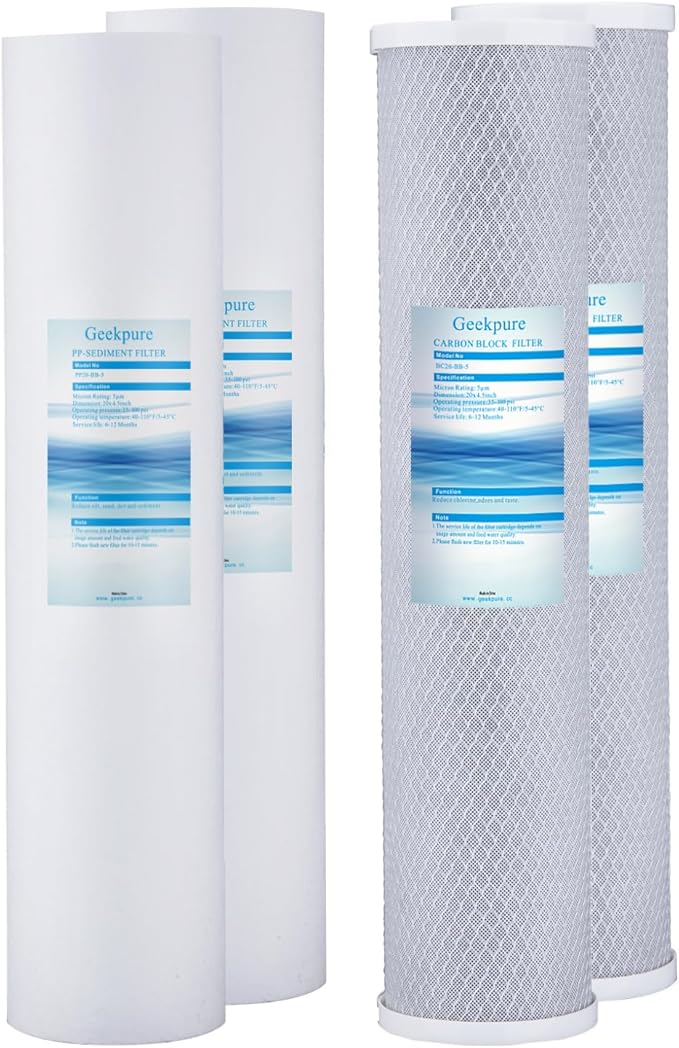 Geekpure Whole House PP Sediment and Carbon Block Replacement Filters -4.5 x 20 Inch -5 Micron-Pack of 4