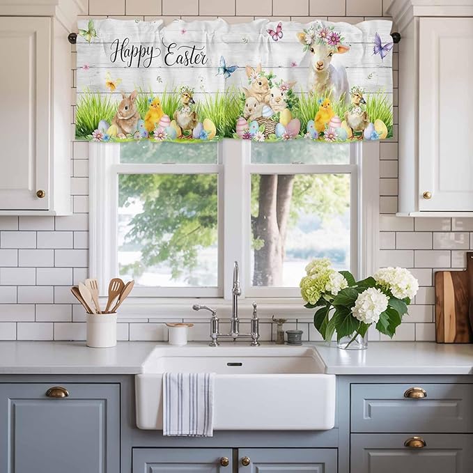 Easter Curtain Valances for Windows, Kitchen Valance Window Treatment, Spring Sheep Bunny Duck Plants Wooden Grain Light Filtering Block Curtains for Bathroom/Bedroom/Living Room 54'' x 18''