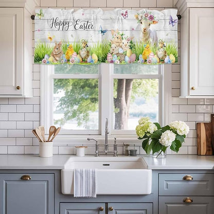 Easter Curtain Valances for Windows, Kitchen Valance Window Treatment, Spring Sheep Bunny Duck Plants Wooden Grain Light Filtering Block Curtains for Bathroom/Bedroom/Living Room 60'' x 18''