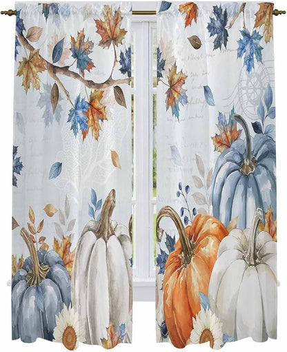 Fall Blue Maple Window Curtains 72 Inch Long 2 Panel Set,Rod Pocket Long Curtains & Drapes,Thanksgiving Pumpkins Daisy Country Leaves Window Treatment for Bedroom Living Room 52"W x 72"L
