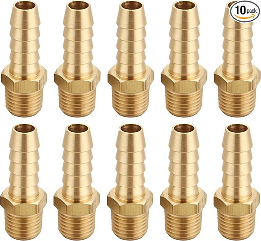 3/8 Inch Hose Barb to 1/4 Inch NPT Male Thread Brass Air Hose Barb Fittings, Brass Barbed Air Hose Repair Connector, (10 Piece)