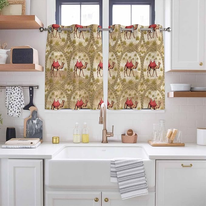 2 Panel Kitchen Cafe Curtains, Desert Camels Sunlight Filtering Nature Air Through, Home Decor Window Covering Tier Curtains for Bedroom Living Room Tropical Palm Trees Sand Cords Brown